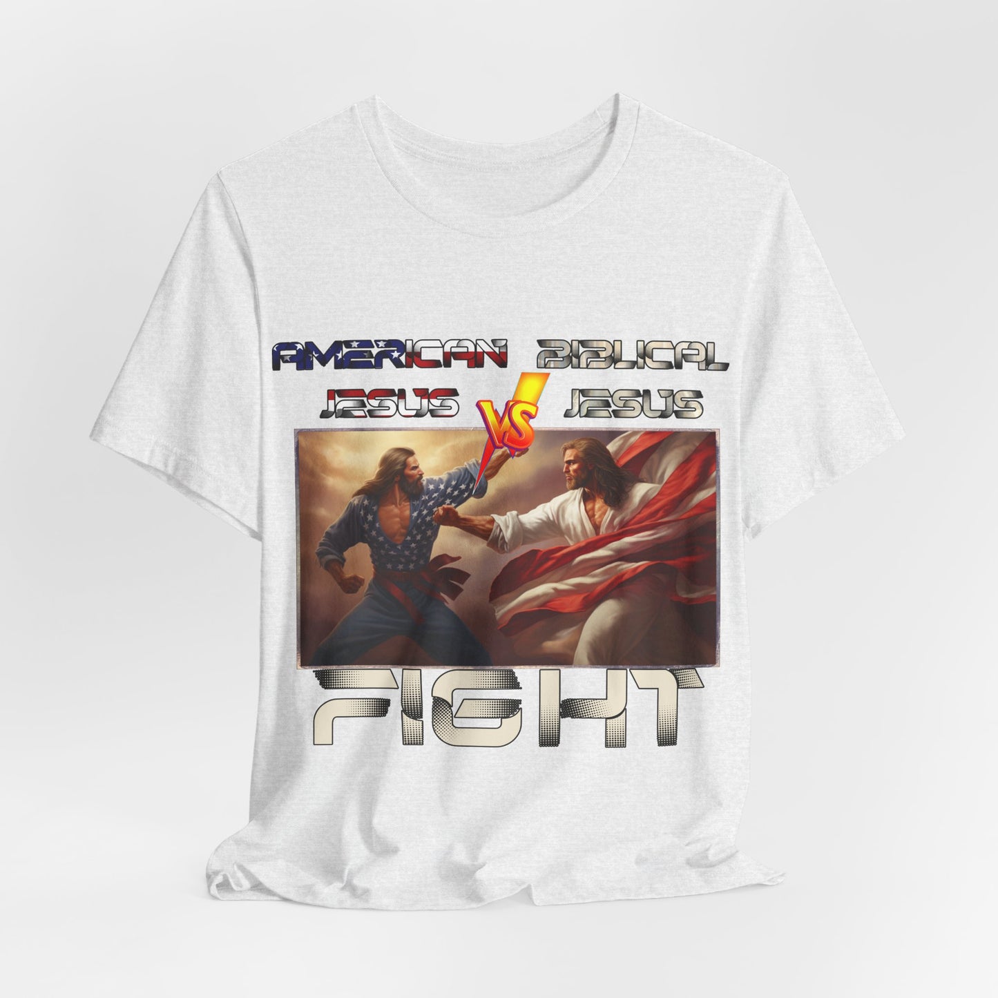 American Jesus VS Biblical Jesus, Let The Battle Begin... Anti Republican, Satire, Parody, Funny Gift, Science Shirt, Agnostic Shirt