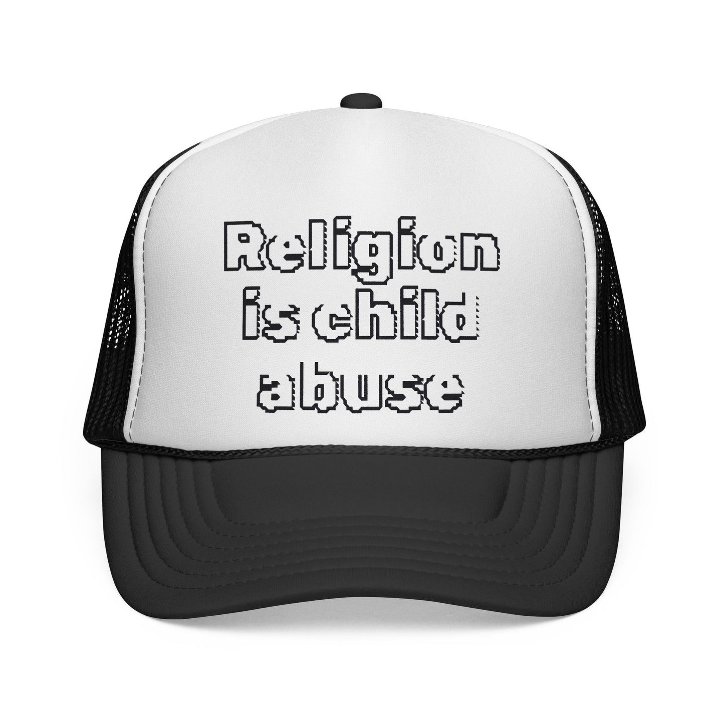 Trucker Cap — "Religion Is Child Abuse" Graphic Mesh Hat