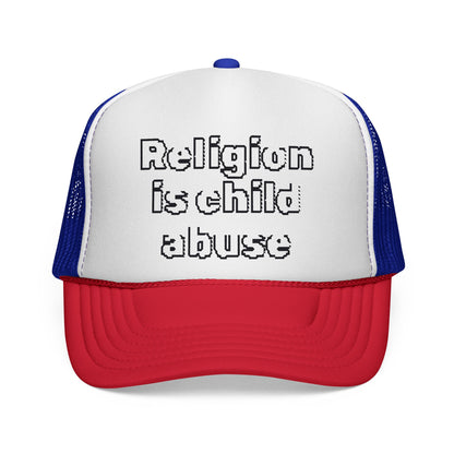 Trucker Cap — "Religion Is Child Abuse" Graphic Mesh Hat