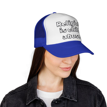 Trucker Cap — "Religion Is Child Abuse" Graphic Mesh Hat