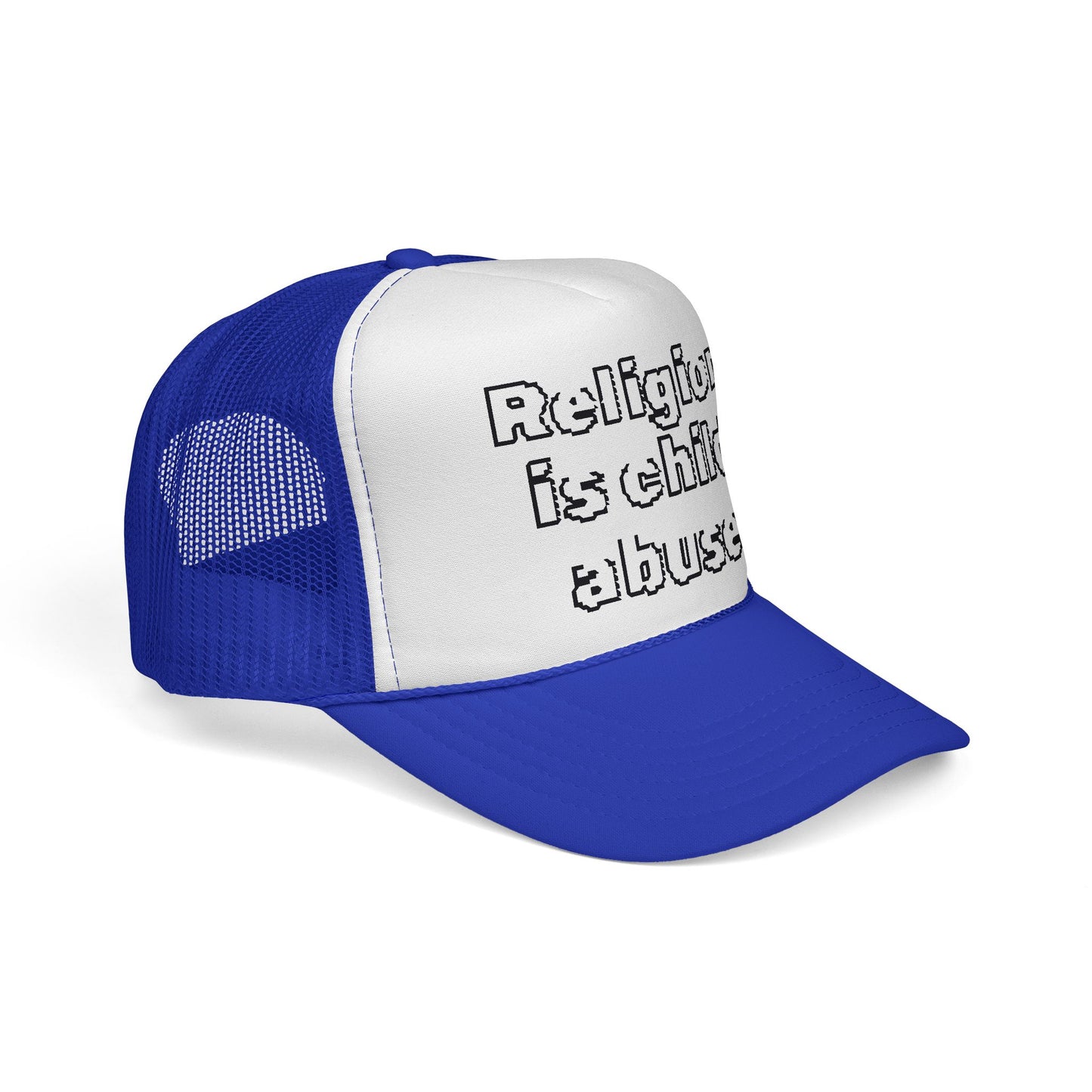 Trucker Cap — "Religion Is Child Abuse" Graphic Mesh Hat