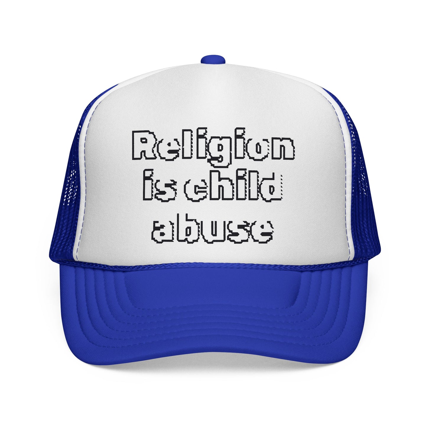 Trucker Cap — "Religion Is Child Abuse" Graphic Mesh Hat