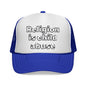 Trucker Cap — "Religion Is Child Abuse" Graphic Mesh Hat