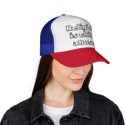 Trucker Cap — "Religion Is Child Abuse" Graphic Mesh Hat