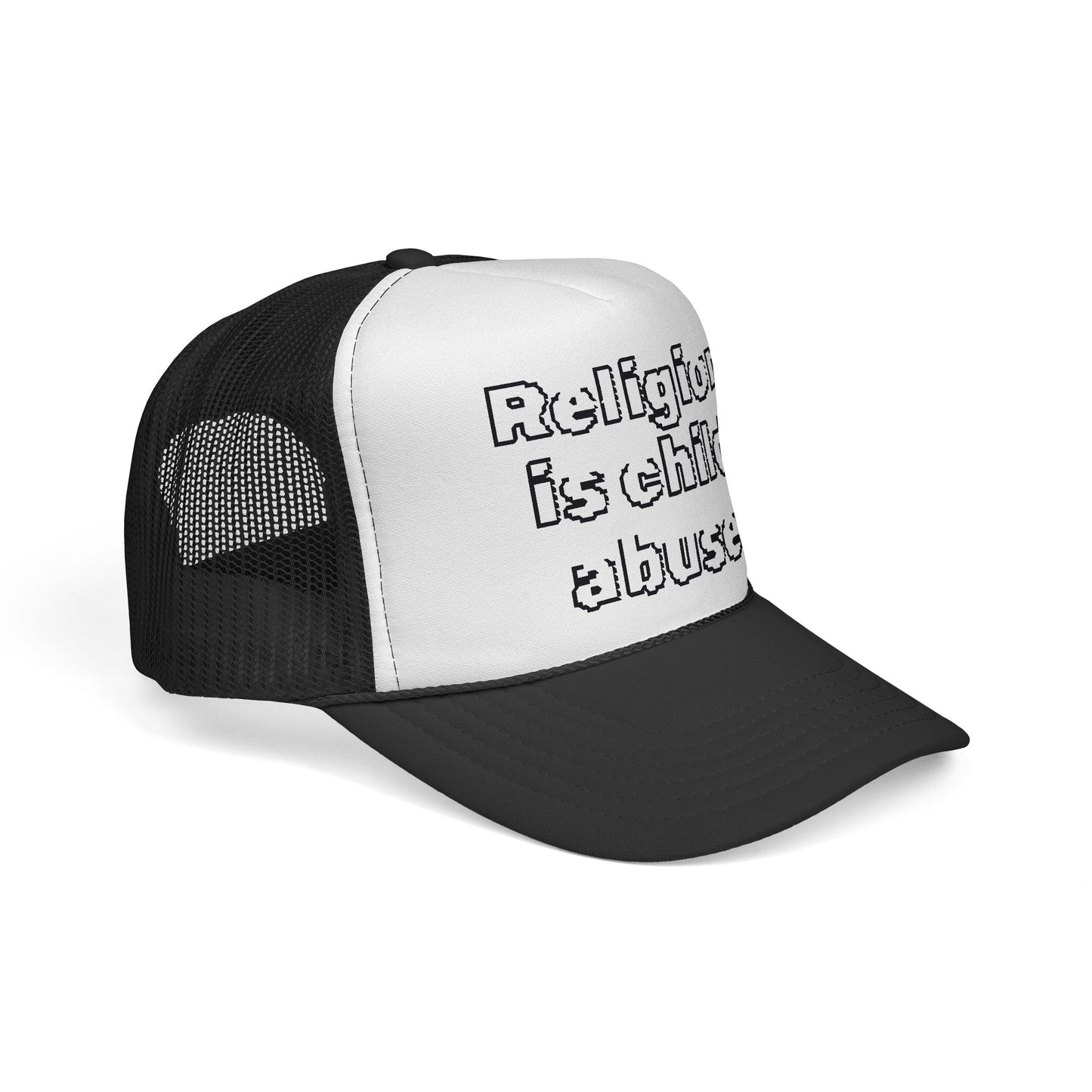 Trucker Cap — "Religion Is Child Abuse" Graphic Mesh Hat