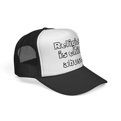 Trucker Cap — "Religion Is Child Abuse" Graphic Mesh Hat
