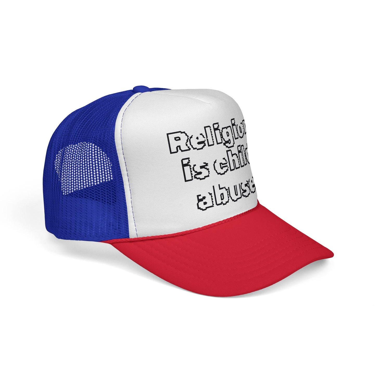 Trucker Cap — "Religion Is Child Abuse" Graphic Mesh Hat