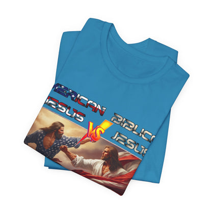 American Jesus VS Biblical Jesus, Let The Battle Begin... Anti Republican, Satire, Parody, Funny Gift, Science Shirt, Agnostic Shirt