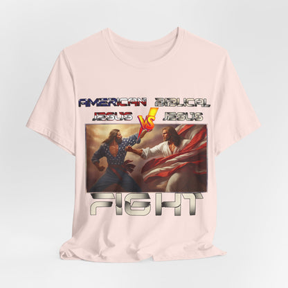 American Jesus VS Biblical Jesus, Let The Battle Begin... Anti Republican, Satire, Parody, Funny Gift, Science Shirt, Agnostic Shirt