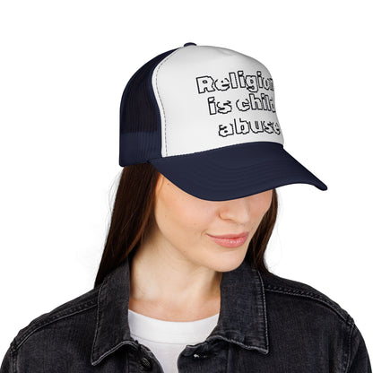 Trucker Cap — "Religion Is Child Abuse" Graphic Mesh Hat