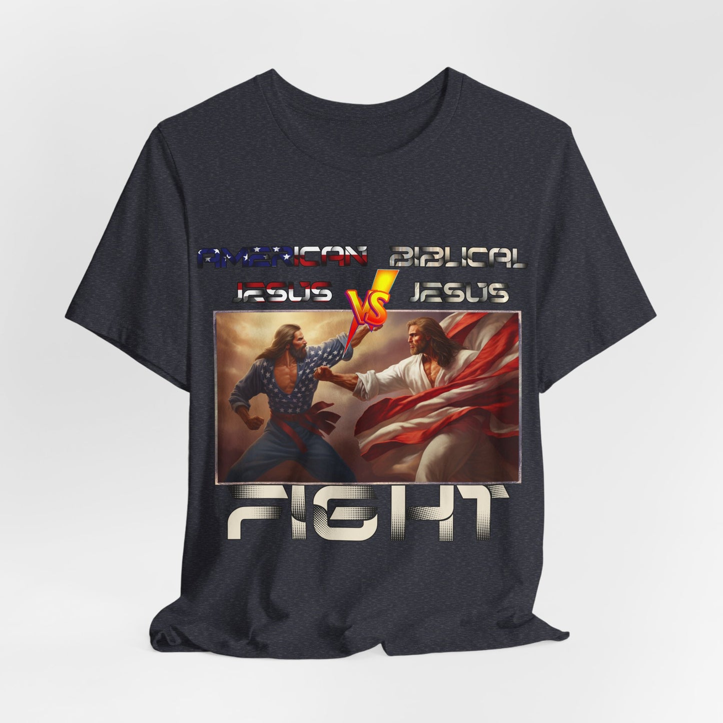 American Jesus VS Biblical Jesus, Let The Battle Begin... Anti Republican, Satire, Parody, Funny Gift, Science Shirt, Agnostic Shirt