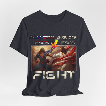 American Jesus VS Biblical Jesus, Let The Battle Begin... Anti Republican, Satire, Parody, Funny Gift, Science Shirt, Agnostic Shirt