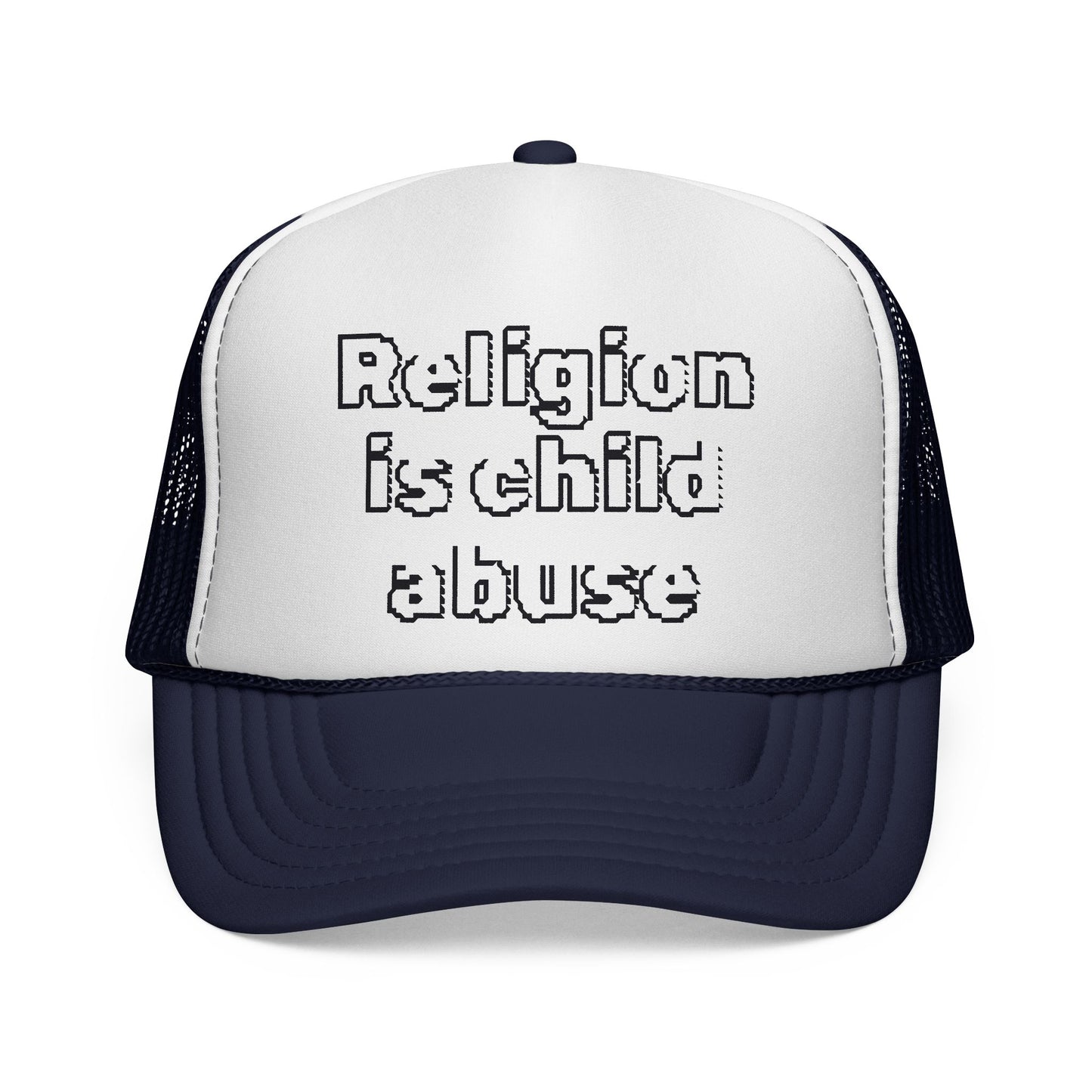 Trucker Cap — "Religion Is Child Abuse" Graphic Mesh Hat