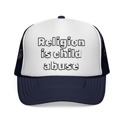 Trucker Cap — "Religion Is Child Abuse" Graphic Mesh Hat