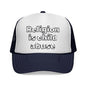 Trucker Cap — "Religion Is Child Abuse" Graphic Mesh Hat