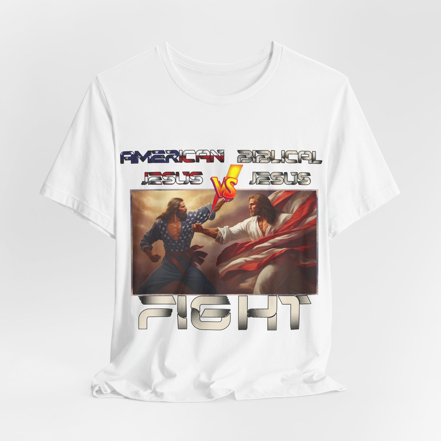 American Jesus VS Biblical Jesus, Let The Battle Begin... Anti Republican, Satire, Parody, Funny Gift, Science Shirt, Agnostic Shirt