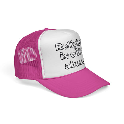 Trucker Cap — "Religion Is Child Abuse" Graphic Mesh Hat
