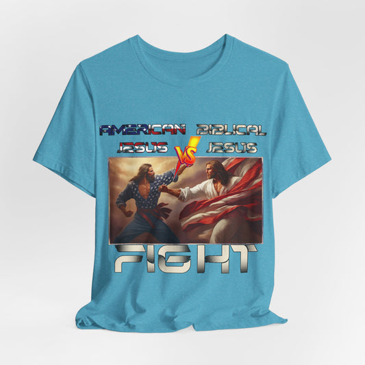 American Jesus VS Biblical Jesus, Let The Battle Begin... Anti Republican, Satire, Parody, Funny Gift, Science Shirt, Agnostic Shirt