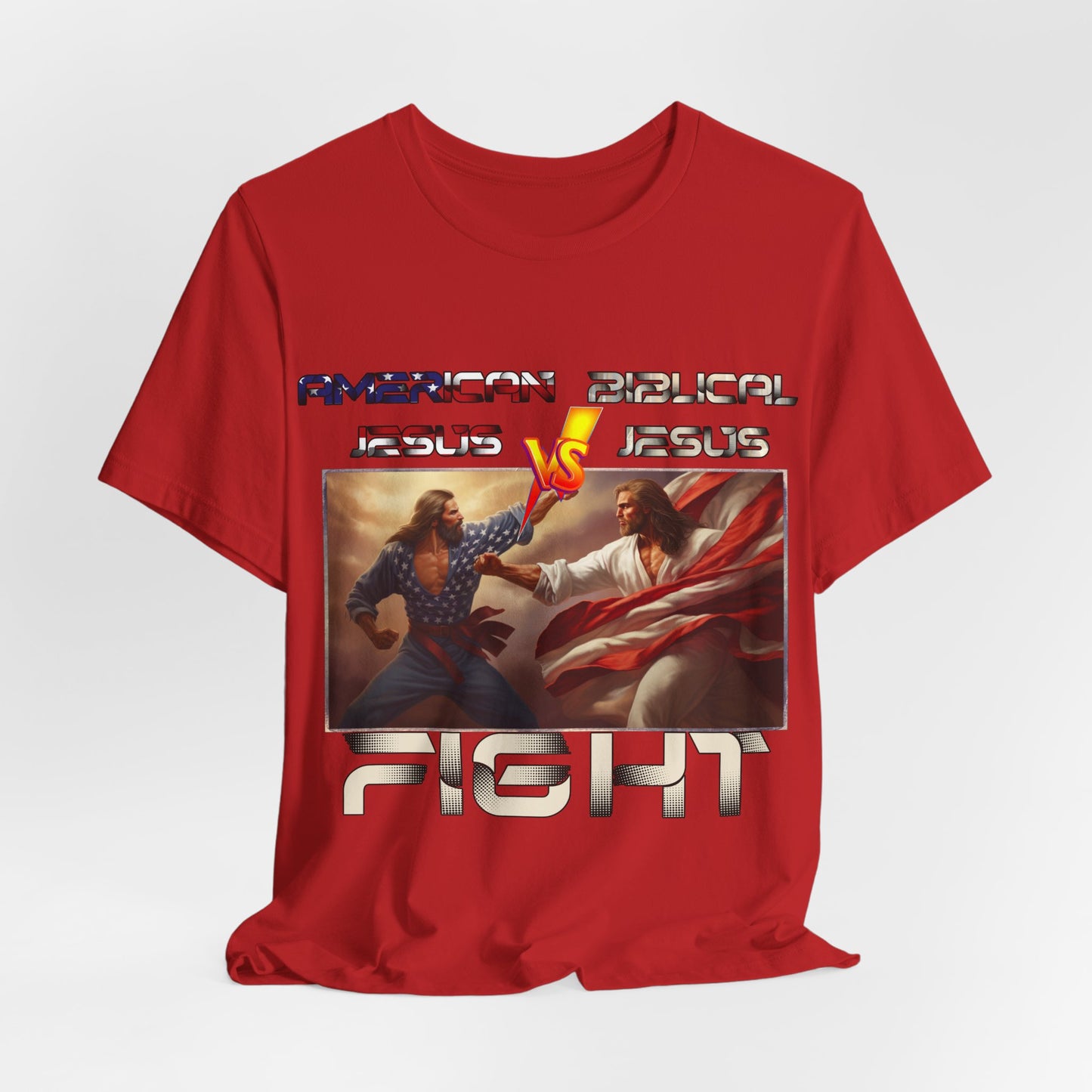 American Jesus VS Biblical Jesus, Let The Battle Begin... Anti Republican, Satire, Parody, Funny Gift, Science Shirt, Agnostic Shirt