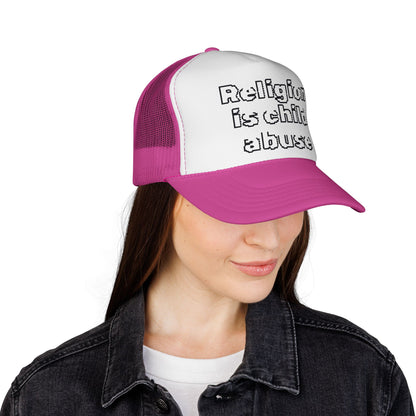 Trucker Cap — "Religion Is Child Abuse" Graphic Mesh Hat