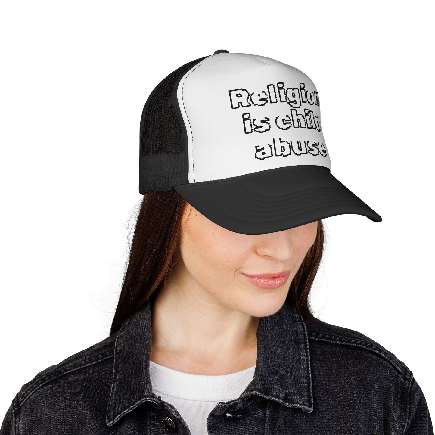 Trucker Cap — "Religion Is Child Abuse" Graphic Mesh Hat