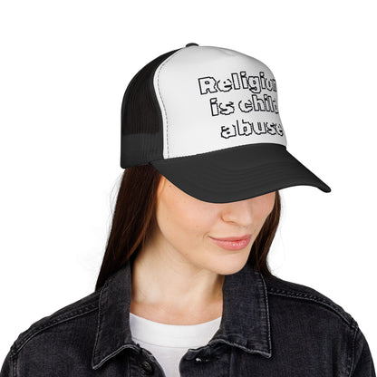 Trucker Cap — "Religion Is Child Abuse" Graphic Mesh Hat
