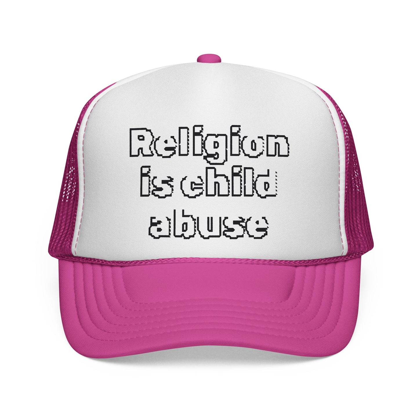 Trucker Cap — "Religion Is Child Abuse" Graphic Mesh Hat
