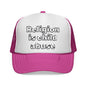 Trucker Cap — "Religion Is Child Abuse" Graphic Mesh Hat